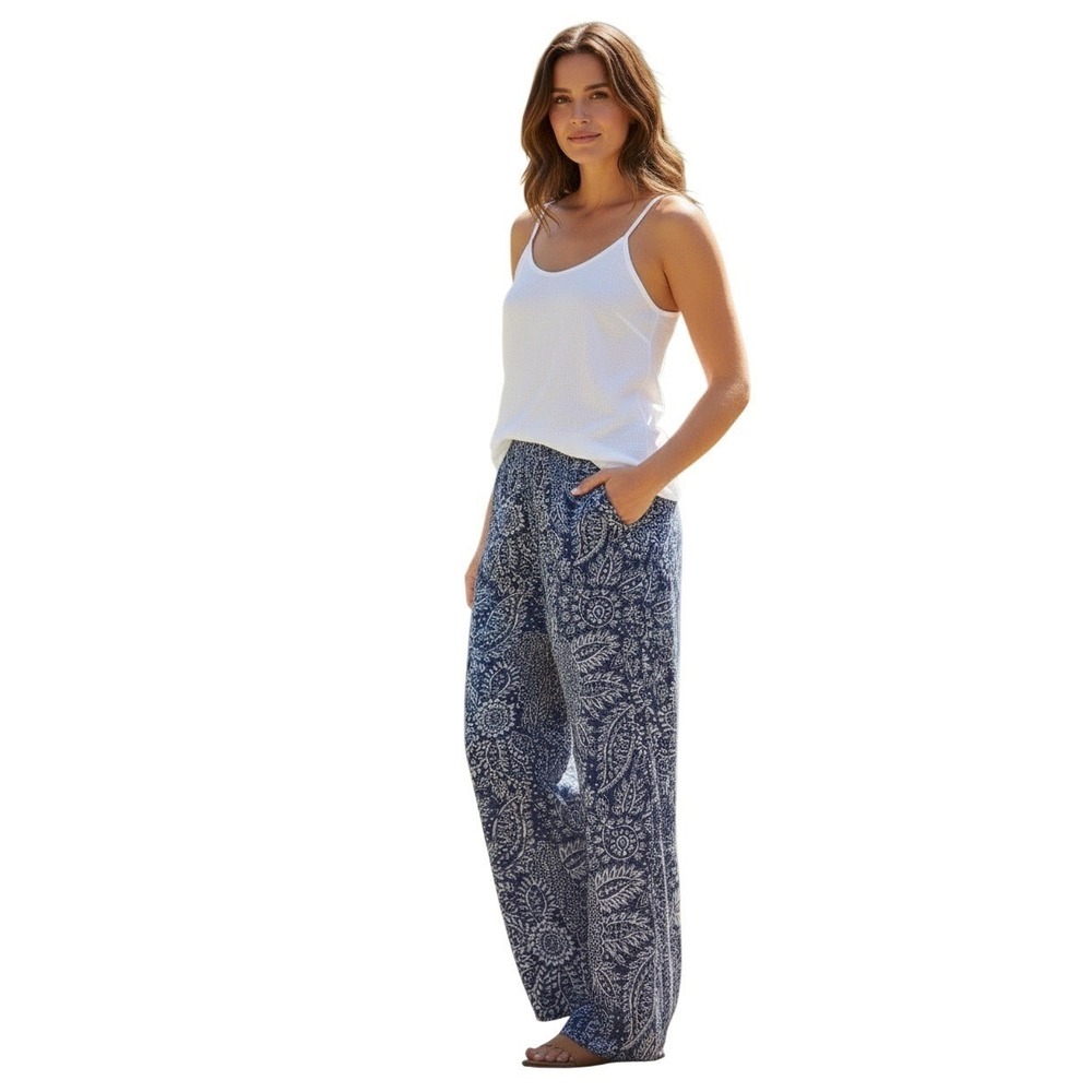 Madewell Blue White Paisley Floral Elastic Waist Viscose Pull On Pants S/M